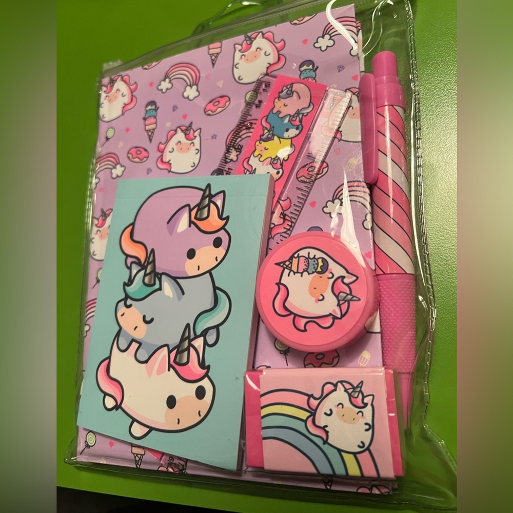 Claire's Dessert unicorn Critter Stationary Set NEW pen book ruler 6pc pastel